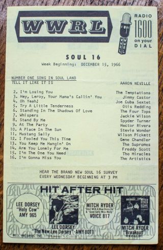 Wwrl York Survey Radio Music Chart December 15 1966 Temptations Jimmy Castor