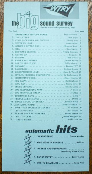 Wtry York Survey Radio Music Chart October 6 1967 Soul Survivor Box Tops