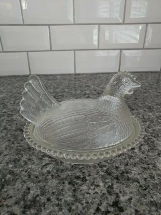 Vintage Hen Chicken On A Nest Candy Dish Crystal Clear Beaded Edge Indiana Sh