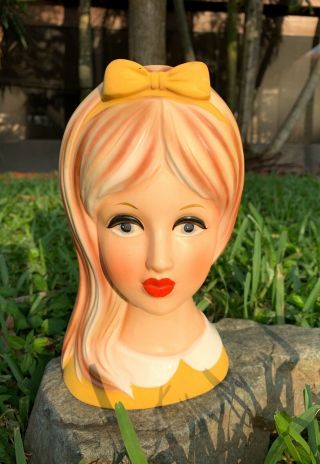 Large Vintage Napco C - 8495 Lady Teen Girl Head Vase Yellow Dress Ribbon Planter