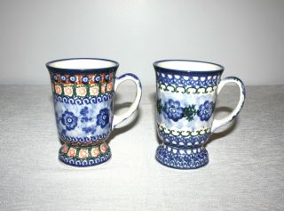 Two (2) Boleslawiec Polish Pottery Stoneware Footed Mugs/cups