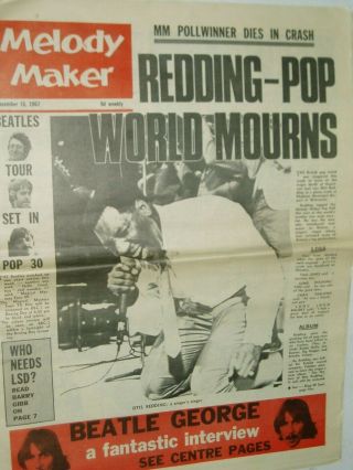 Melody Maker Pop Paper.  16th Dec.  1967.  Otis Redding Dies.  Beatles,