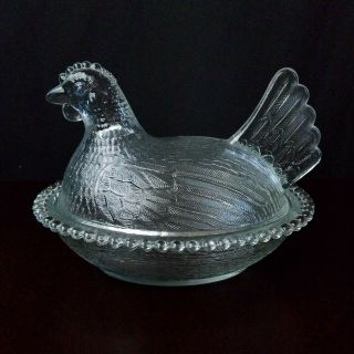 Vintage Hen On Nest Clear Glass Covered Candy Dish
