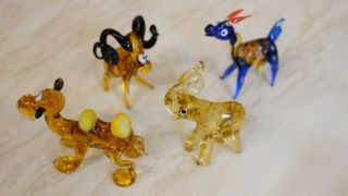 4 Murano Glass Animal Figures In Various Poses And Colours.