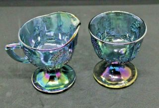 Vintage Indiana Iridescent Blue Carnival Glass Footed Creamer & Sugar Bowl