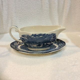 Vintage Staffordshire England Liberty Blue Gravy Boat With Plate