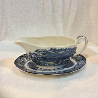 Vintage Staffordshire England Liberty Blue gravy boat with plate 2