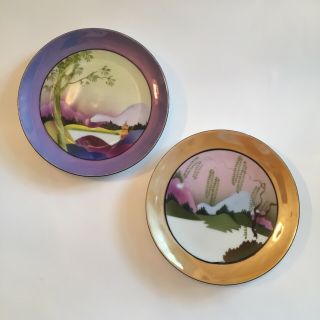 Noritake Lusterware Two Small Vintage Plates Orange Lilac Rims Japan Handpainted