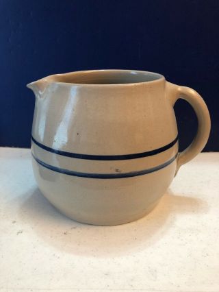 Vintage Stoneware Pottery Pitcher W 2 Blue Stripes Unmarked