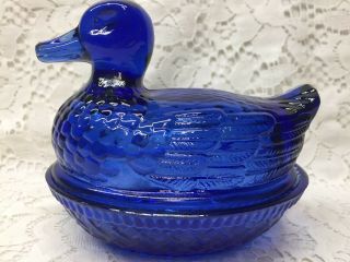 Blue Vaseline Glass Duck On Nest / Basket Candy Dish Uranium Farm Butter Cobalt