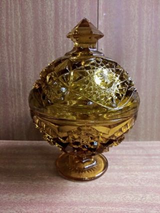 Vintage Amber Depression Cut Glass Candy Dish With Lid