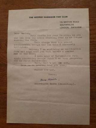 Beatles George Harrison Fan Club Letter Typed By Secretary 1974