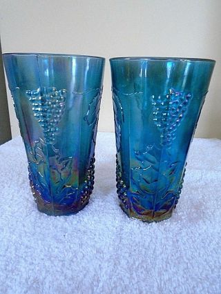 Two Vintage Indiana Glass Blue Carnival Harvest Grape Water Tea Tumbler Glasses