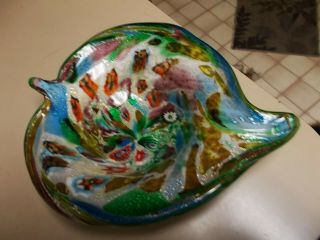 Vintage Murano Art Glass Leaf Shaped Candy Dish Multicolor Designs Mylar Flake