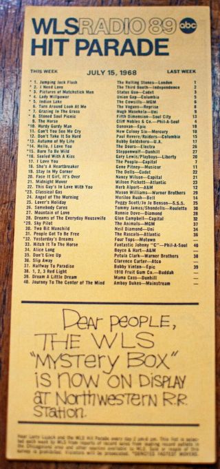 Wls Chicago Radio Survey Music Chart July 15 1968 Rolling Stones 3rd Booth