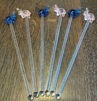 Vintage,  Set Of Six,  Glass Elephant,  Swizzle Sticks.  Three Pink & Three Blue.