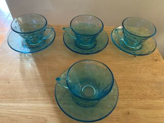 Set Of 8 Vintage Hazel Atlas Blue Capri Dot Tea Cups And Saucers