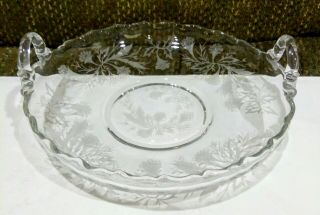Vintage Etched Floral Flower Elegant Glass Serving Plate With Upturned Handles