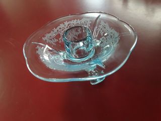 Fostoria Blue Depression Etched Glass June Blue 3 Footed Candleholder