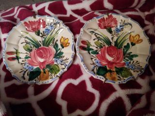 Antique 2 Hand Painted Floral Signed Italian Country Pottery Small Plates
