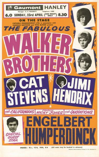 Walker Brothers,  Jimi Hendrix,  Cat Stevens.  Gaumont Hanley 1967 Repo Poster.