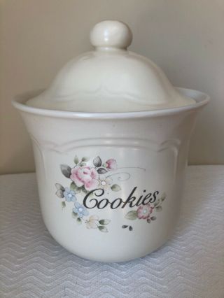 Pfaltzgraff Cookie Jar Tea Rose Cream Color Pink Blue Flowers