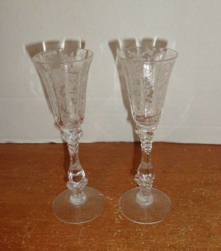 Vintage Etched Cordial Sherry Clear Glasses Set 2 Flower Orchid 5 " Stemmed