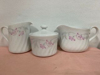 Vintage Corelle " Pink Trio " Creamer,  Sugar,  Gravy Server White W/ Floral Design