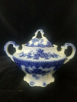 Antique Wh Grindley Osborne Flow Blue Double Handle Covered Sugar Bowl