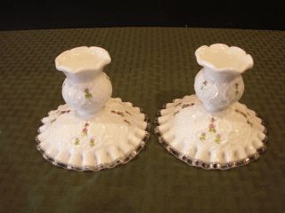 2 Fenton Silver Crest - Spanish Lace - Milk Glass Candle Holders,  Hand Painted