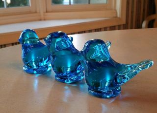 Set 3 Vintage Blue Bird Of Happiness Figurine Paperweight 1989 Art Glass Ron Ray