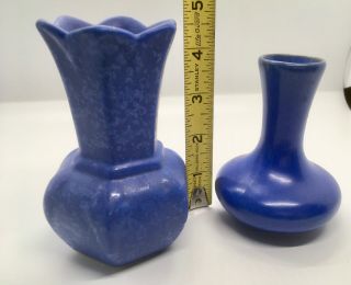 2 Antique Blue Pottery Small Bud Vases
