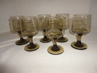 Libby Glasses Smoke Brown Stem Glassware 6 Ounce Size,  Set Of 6 Vintage 1970 