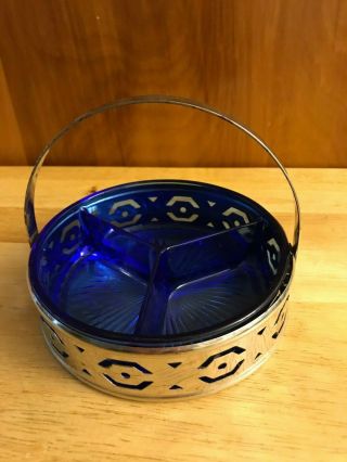 Vintage Cobalt Blue Divided Glass Candy Nut Relish Dish W/ Metal Handle Holder