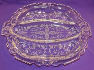 Vintage Tiffin Glass Crystal 3 Part Relish Tray W/ June Night Etch