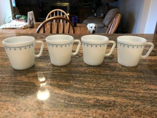 Set Of 4 Vintage Pyrex D Handle Snowflake Garland Mugs Coffee 10 Oz Cups 1410