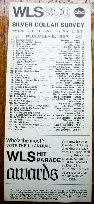 Wls Chicago Radio Survey Music Chart December 8 1967 Monkees Cowsills Beatles