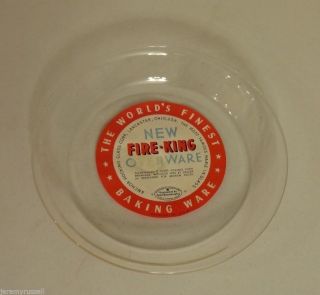 Rare Fire King 9 Inch Glass Pie Plate With Label Nos