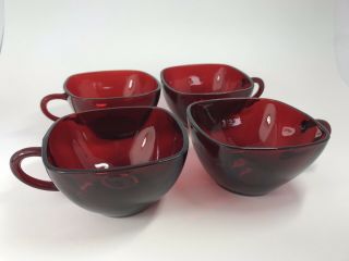 Set Of (4) Vintage Red Glass Square Charm Anchor Hocking Royal Ruby Dinner Cups