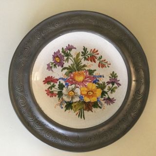 Vintage Bassano // 7 1/4 " Hand Painted Plate & 10 " Pewter Frame // Italy