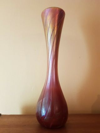 Vintage Alum Bay Isle Of Wight Iridescent Coral And Gold Art Glass Vase - 31.  5cm