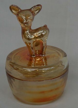 Jeanette Marigold Irridescent Carnival Glass Bambi Powder Jar Trinket Box