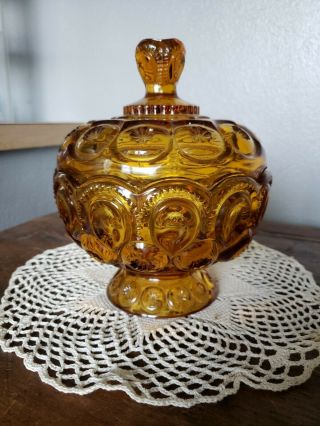 Vintage L.  E.  Smith Amber Glass Moon & Star Low Compote Candy Dish Bowl W/lid