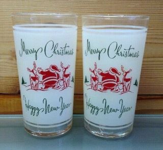 Vtg Federal Glass Merry Christmas Happy Year Frosted Santa Tumblers Glasses