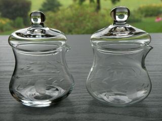 Set Of 2 Princess House Crystal Heritage Etch 2 Pc Creamer / Condiment Jars
