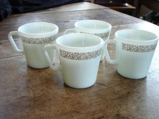 Set Of 4 Vintage Pyrex Coffee Cups Mugs Woodland 1410 D Handle Opal White Brown