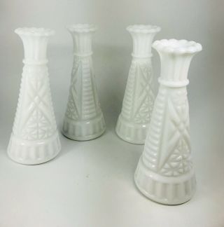 Set Of (4) Vintage Randall White Milk Glass Bud Flower Vases,  Raised Pattern,  6”