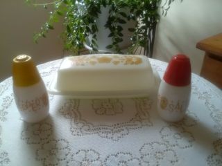 Vintage Pyrex Butterfly Gold Butter Dish - Gemco ? Salt And Pepper Shakers