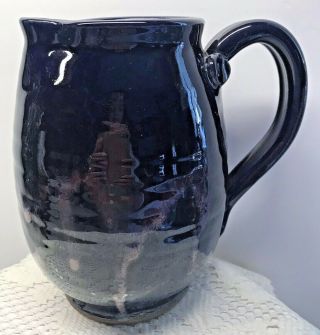 Hand Thrown Studio Art Clay Pottery Pitcher Dark Blue With Drip Glaze Signed