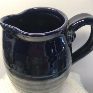 Hand Thrown Studio Art Clay Pottery Pitcher Dark Blue with Drip Glaze Signed 4